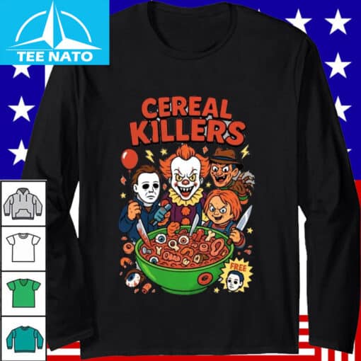 Cereal Killers Horror Movie Characters Halloween Graphic Shirt - Image 2