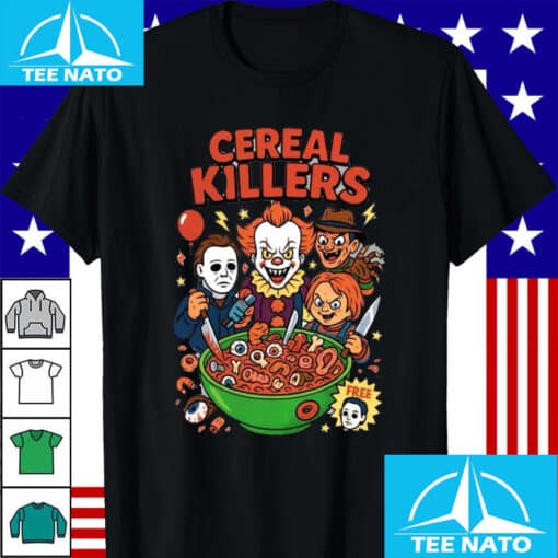 Cereal Killers Horror Movie Characters Halloween Graphic Shirt - Image 3