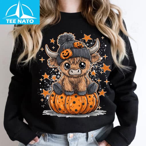 Cute Highland Cow Pumpkin Halloween Stars Shirt - Image 5