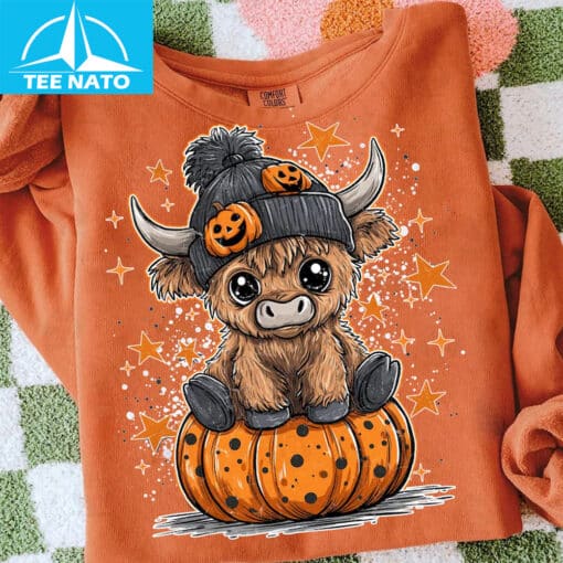 Cute Highland Cow Pumpkin Halloween Stars Shirt - Image 3