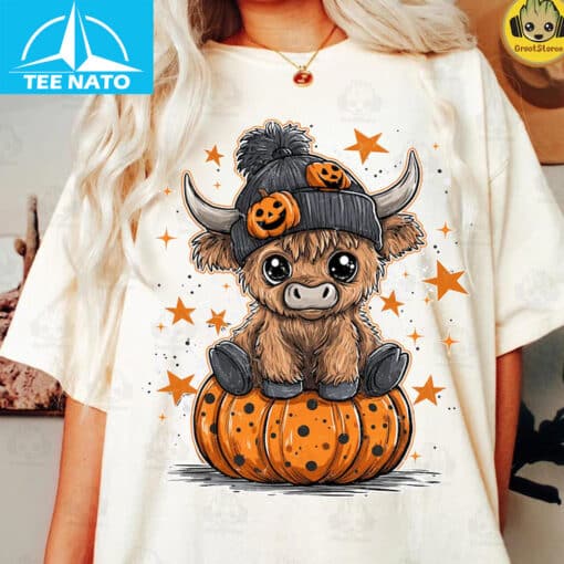 Cute Highland Cow Pumpkin Halloween Stars Shirt - Image 4