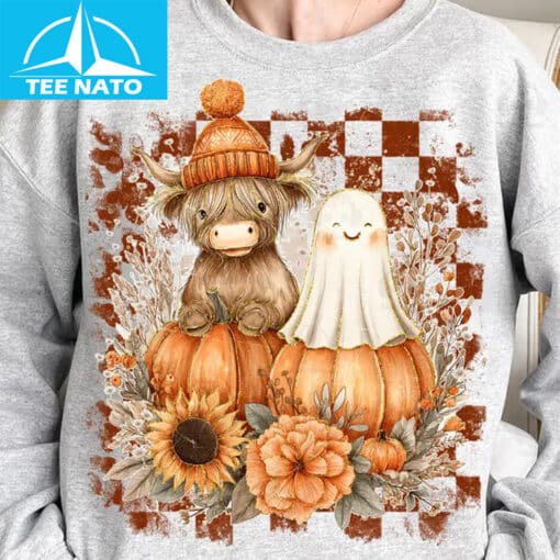 Highland Cow Ghost Pumpkin Fall Halloween Shirt - Image 2