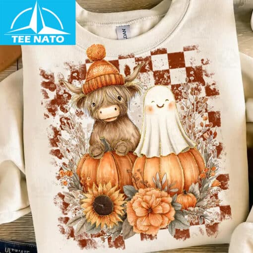Highland Cow Ghost Pumpkin Fall Halloween Shirt - Image 3