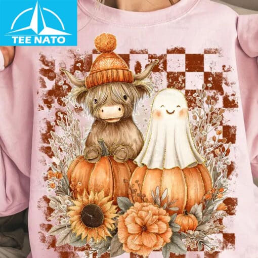 Highland Cow Ghost Pumpkin Fall Halloween Shirt - Image 4