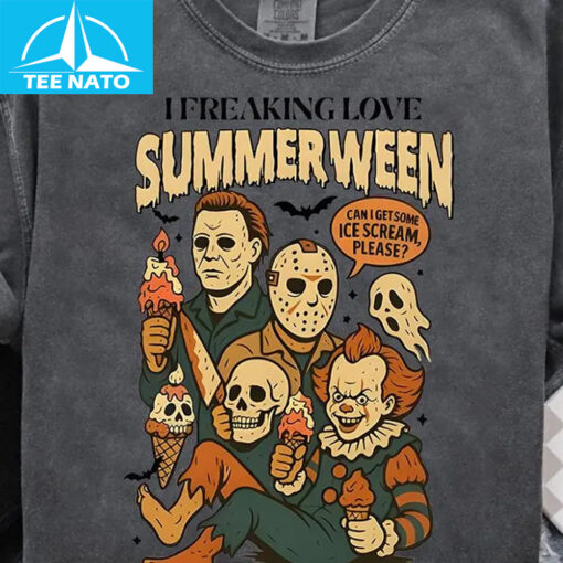 I Freaking Love Summerween Horror Characters Ice Cream Shirt - Image 4