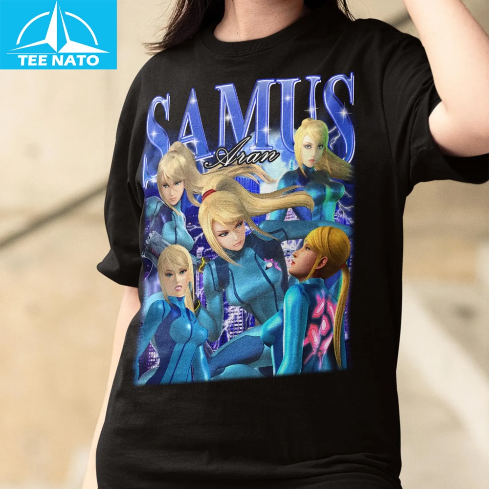 Woman wearing Limited Super Metrodroid Sam Gaming Shirt
