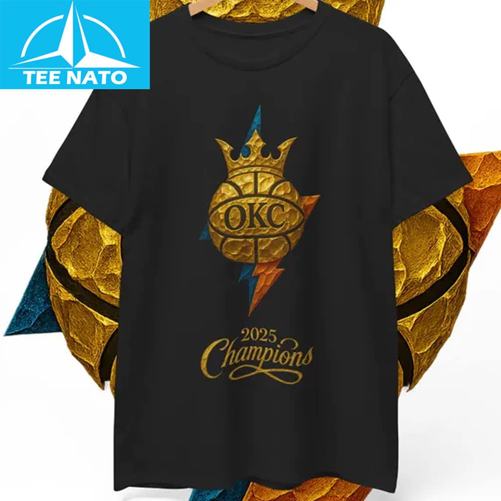 Front view of the OKC Basketball Gold Champions Fan Shirt