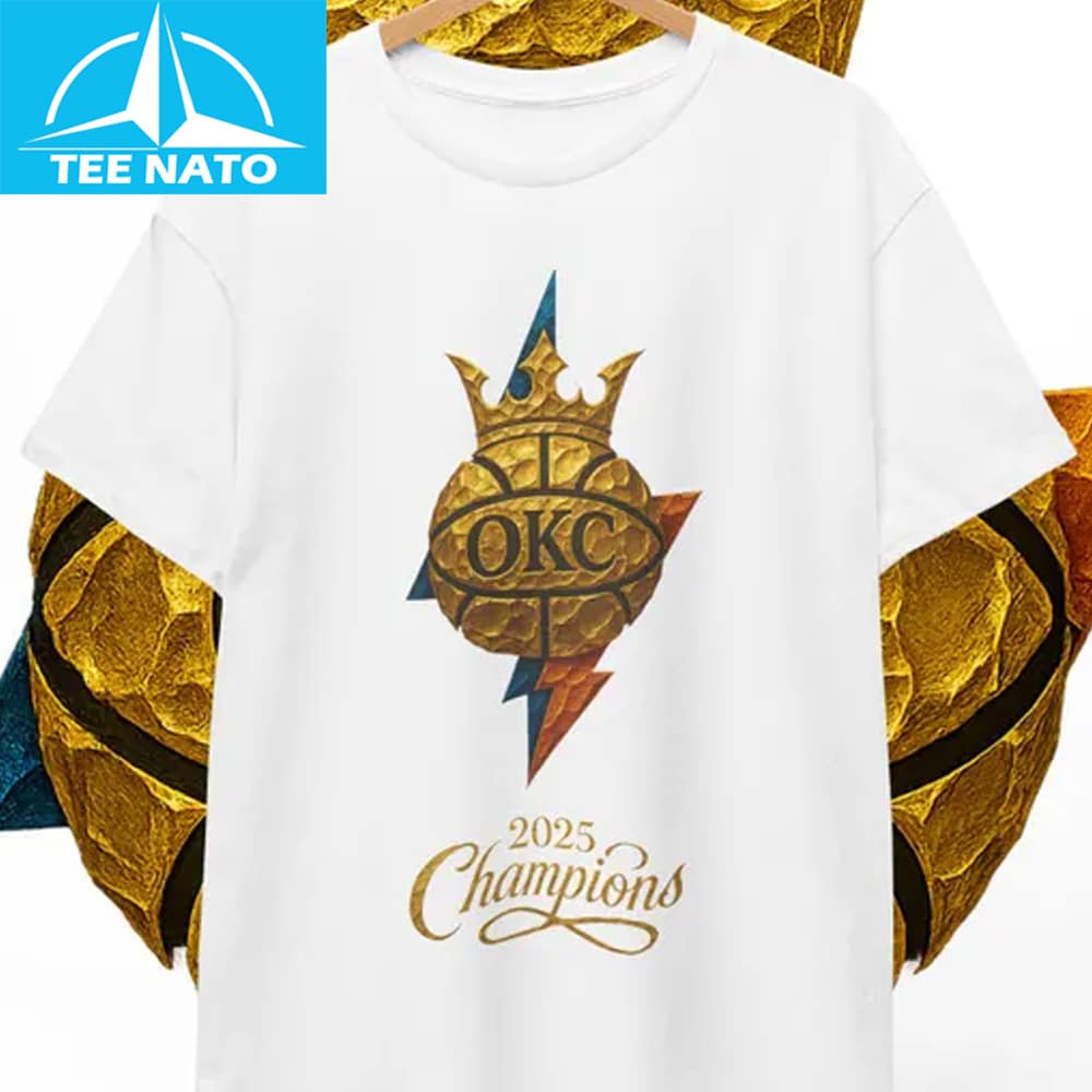 A fan proudly wearing the OKC Basketball Gold Champions Fan Shirt