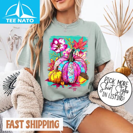 Preppy Floral Fall Pumpkin Shirt - Image 2