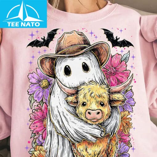 Retro Cute Ghost And Highland Cow Shirt - Image 2