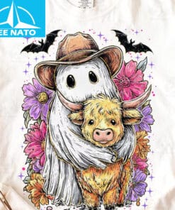 Retro Cute Ghost And Highland Cow Shirt2