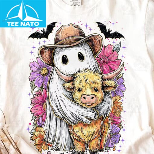 Retro Cute Ghost And Highland Cow Shirt - Image 3