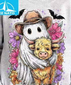 Retro Cute Ghost And Highland Cow Shirt3