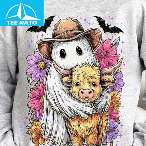Retro Cute Ghost And Highland Cow Shirt - Image 4