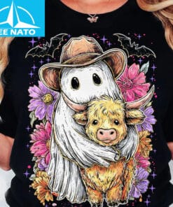 Retro Cute Ghost And Highland Cow Shirt4