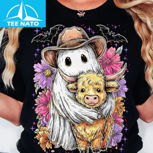 Retro Cute Ghost And Highland Cow Shirt - Image 5