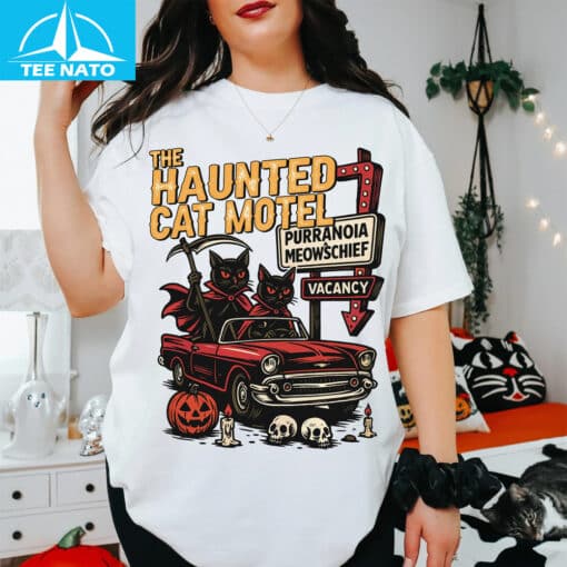 Retro Halloween Haunted Cat Motel Shirt - Image 3