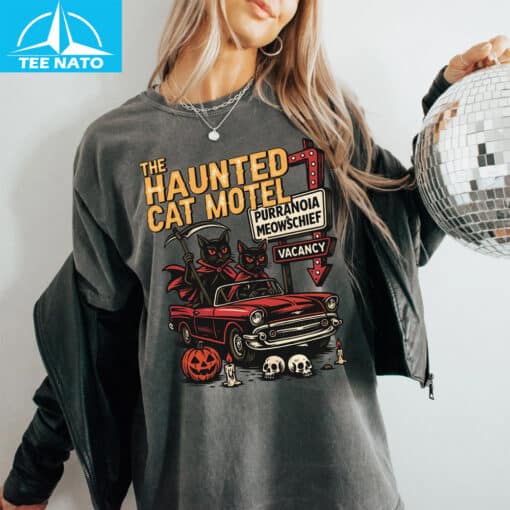 Retro Halloween Haunted Cat Motel Shirt - Image 5