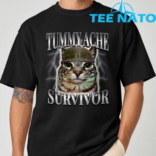 Tummy Ache Survivor Cat Meme Funny Saying Cats Animals T-Shirt - Image 3