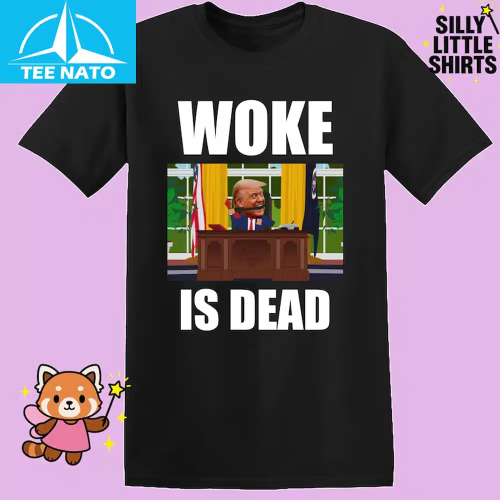 Woke Is Dead Donald Trump Political Cartoon Shirt on model