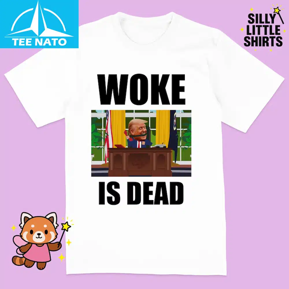 Woke Is Dead Donald Trump Political Cartoon Shirt detail